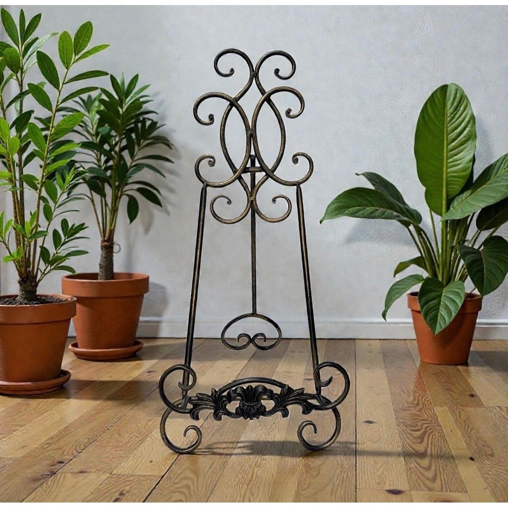 X Large Antique Bronze Wrought Iron Scroll Fleur De Lis Display Easel 20" Stand
